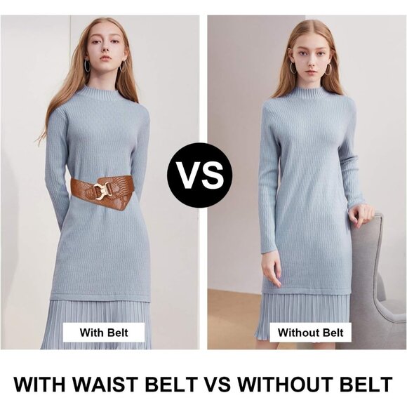 Women's Wide Elastic Stretch Waist Belt Adjustable Dress Belt Brown Gold Buckle - Picture 4 of 6